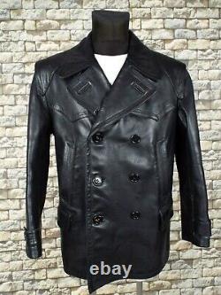 1940's German Leather Jacket L Black Vintage Police Kriegsmarine Coat WW2