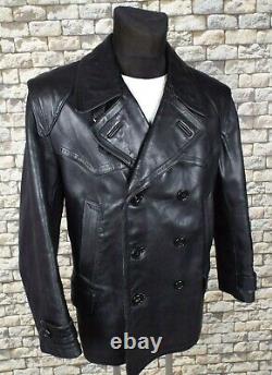 1940's German Leather Jacket L Black Vintage Police Kriegsmarine Coat WW2