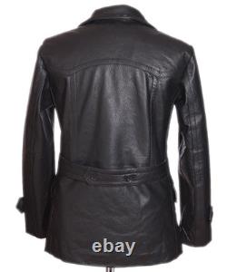 DR Black Men's Kriegsmarine Germany Military WW2 Cowhide Leather Jacket Pea Coat
