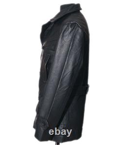 DR Black Men's Kriegsmarine Germany Military WW2 Cowhide Leather Jacket Pea Coat