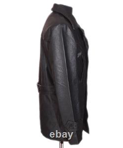 DR Black Men's Kriegsmarine Germany Military WW2 Cowhide Leather Jacket Pea Coat
