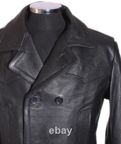 DR Black Men's Kriegsmarine Germany Military WW2 Cowhide Leather Jacket Pea Coat