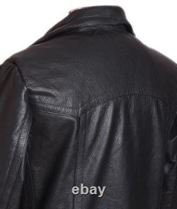 DR Black Men's Kriegsmarine Germany Military WW2 Cowhide Leather Jacket Pea Coat