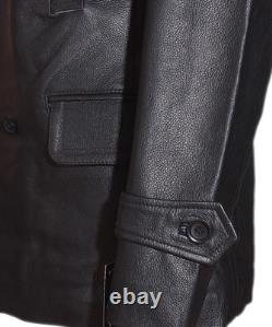 DR Black Men's Kriegsmarine Germany Military WW2 Cowhide Leather Jacket Pea Coat