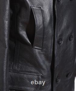 DR Black Men's Kriegsmarine Germany Military WW2 Cowhide Leather Jacket Pea Coat