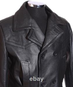 DR Black Men's Kriegsmarine Germany Military WW2 Cowhide Leather Jacket Pea Coat