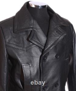 DR Black Men's Kriegsmarine Germany Military WW2 Cowhide Leather Jacket Pea Coat