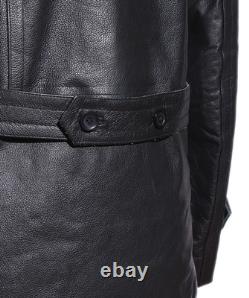 DR Black Men's Kriegsmarine Germany Military WW2 Cowhide Leather Jacket Pea Coat