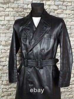 ELVO 1940's German Leather Coat M / L Black Vintage Kriegsmarine Overcoat WW2