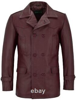KRIEGSMARINE Mens Leather Coat German WW2 Long Jacket Cherry Cowhide Pea Coat