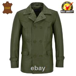 Kriegsmarine Army Green Men's German WW2 Cowhide Leather Deck Jacket Pea Coat