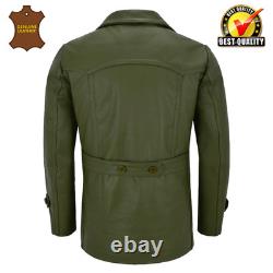 Kriegsmarine Army Green Men's German WW2 Cowhide Leather Deck Jacket Pea Coat