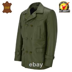 Kriegsmarine Army Green Men's German WW2 Cowhide Leather Deck Jacket Pea Coat