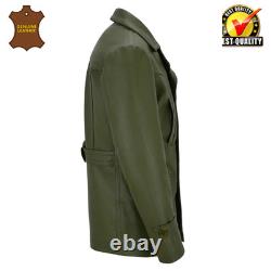 Kriegsmarine Army Green Men's German WW2 Cowhide Leather Deck Jacket Pea Coat