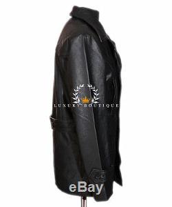 Kriegsmarine Black Men's German Reefer WW2 Cowhide Leather Deck Jacket Pea Coat