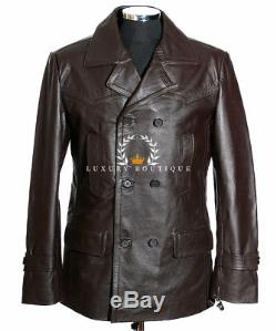 Kriegsmarine Brown Men's German Reefer WW2 Cowhide Leather Deck Jacket Pea Coat