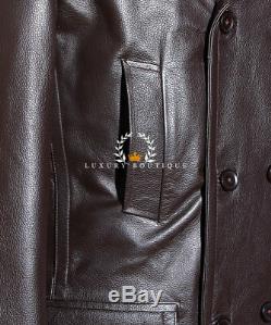 Kriegsmarine Brown Men's German Reefer WW2 Cowhide Leather Deck Jacket Pea Coat