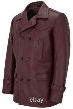 Kriegsmarine German WWII Long Leather Coat for Men Cherry Cowhide Pea Coat