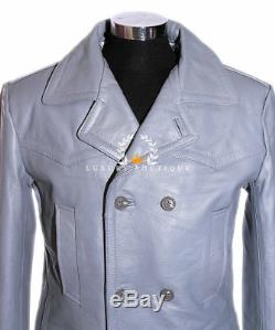 Kriegsmarine Grey Men's German Reefer WW2 Cowhide Leather Deck Jacket Pea Coat