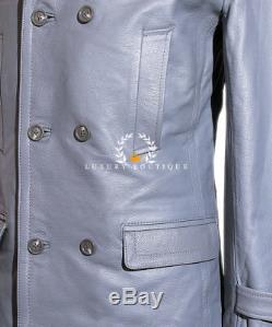 Kriegsmarine Grey Men's German Reefer WW2 Cowhide Leather Deck Jacket Pea Coat