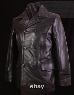 Men's German WWII KRIEGSMARINE DR WHO Pea Coat Hip Length Cowhide Leather Jacket