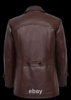 Men's German WWII KRIEGSMARINE DR WHO Pea Coat Hip Length Cowhide Leather Jacket