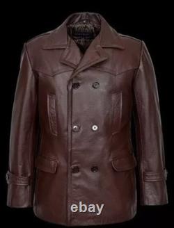 Men's German WWII Kriegsmarine DR WHO Pea Coat Hip Length Cowhide Leather Jacket