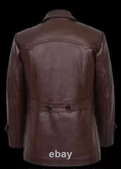 Men's German WWII Kriegsmarine DR WHO Pea Coat Hip Length Cowhide Leather Jacket