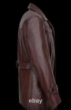 Men's German WWII Kriegsmarine DR WHO Pea Coat Hip Length Cowhide Leather Jacket