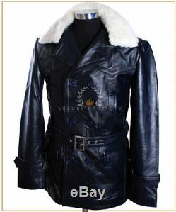 Men's Kriegsmarine Blue Fur Collar New WW2 German Leather Deck Jacket Pea Coat