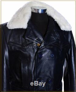 Men's Kriegsmarine Blue Fur Collar New WW2 German Leather Deck Jacket Pea Coat