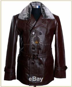 Men's Kriegsmarine Brown Fur Collar New WW2 German Leather Deck Jacket Pea Coat