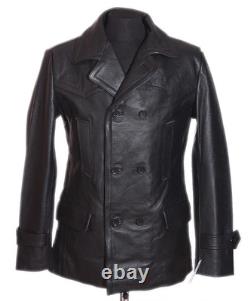 Men's WW2 Kriegsmarine German Military Cowhide Leather Pea Coat Jacket