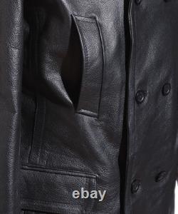 Men's WW2 Kriegsmarine German Military Cowhide Leather Pea Coat Jacket
