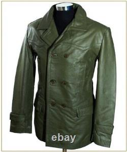 NOORA Kriegsmarine Army Green Men's German WW2 Leather Deck Jacket Pea Coat