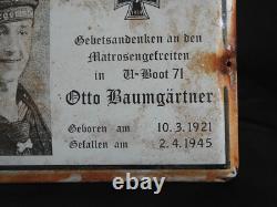 OLD GERMAN KRIEGSMARINE U-BOAT U-71 Otto Baumgärtner ENAMELED GRAVE PLATE 1945