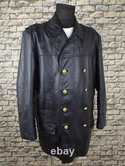Vintage German Leather Coat 3XL Black Heavy Kriegsmarine Military WW2 Style
