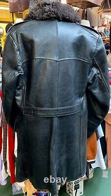 Vintage WWII German Men's Kriegsmarine Fur Collar Leather Deck Jacket Pea Coat