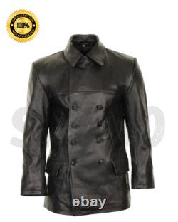 WWII German U-Boat Crew Inspired Black Leather Jacket Men's Coat