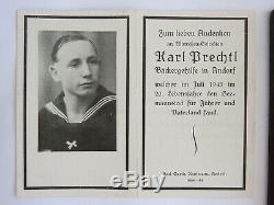 Ww2 German Kriegsmarine U-613 Crew Palaque + Death Card Karl Prechtl July 1943